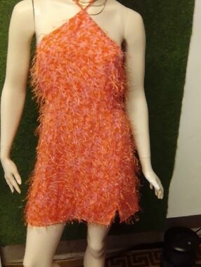 wild fable Orange Textured Fringe Halter Dress